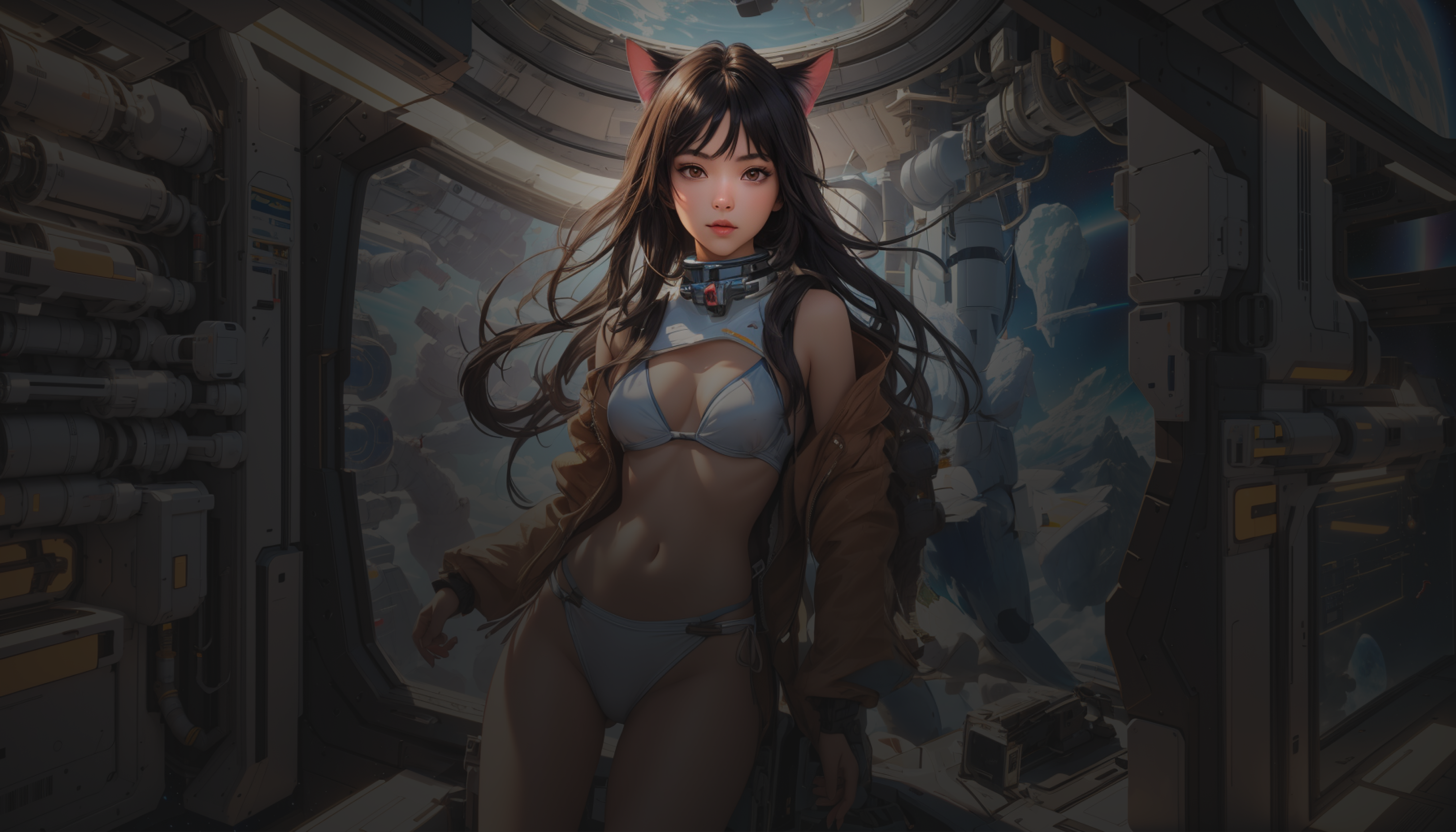 Image of AI catgirl posing in a space station